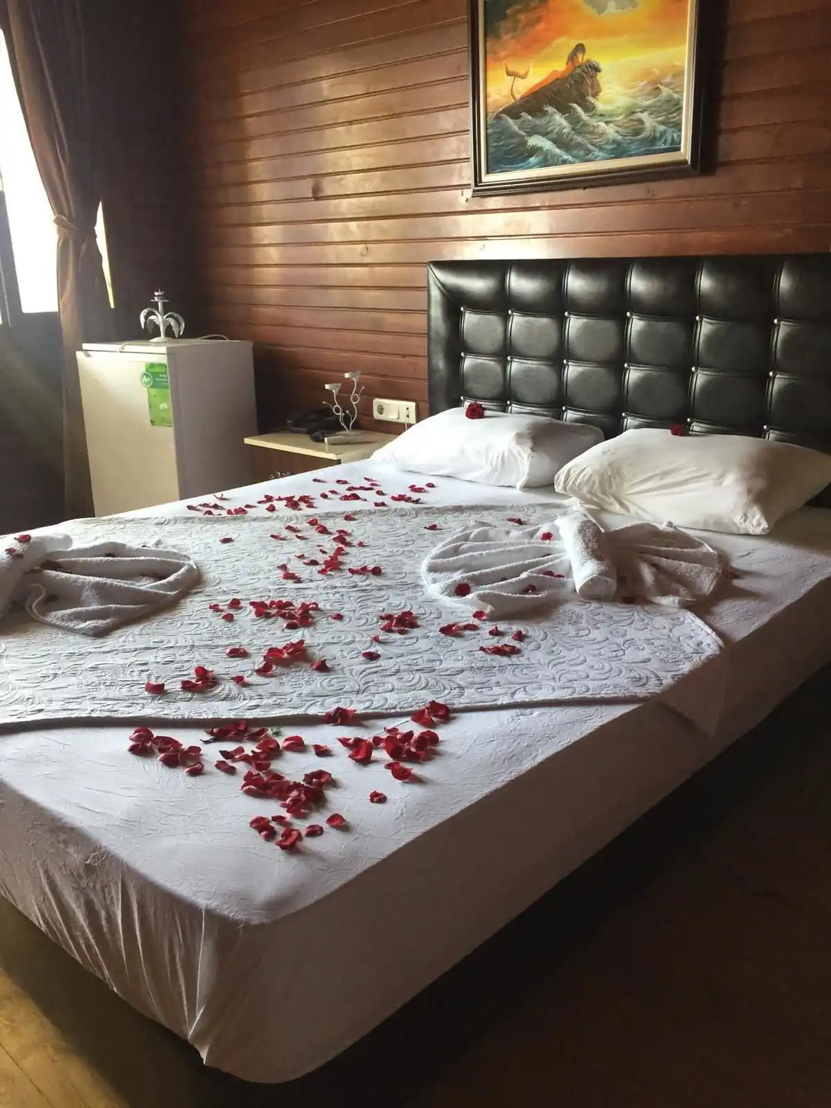 Double bed prepared for guests